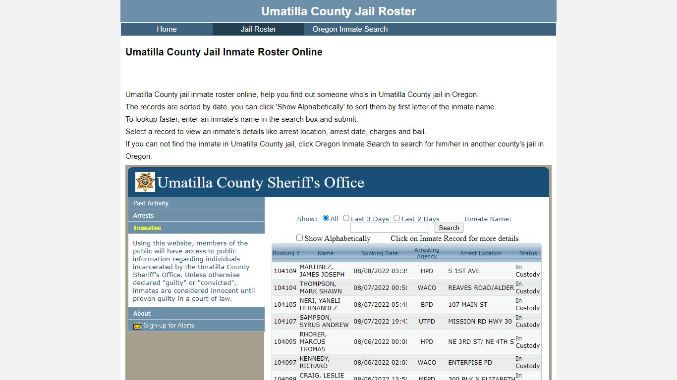 Umatilla County Jail Inmate Roster Online - Oregon Inmate ...